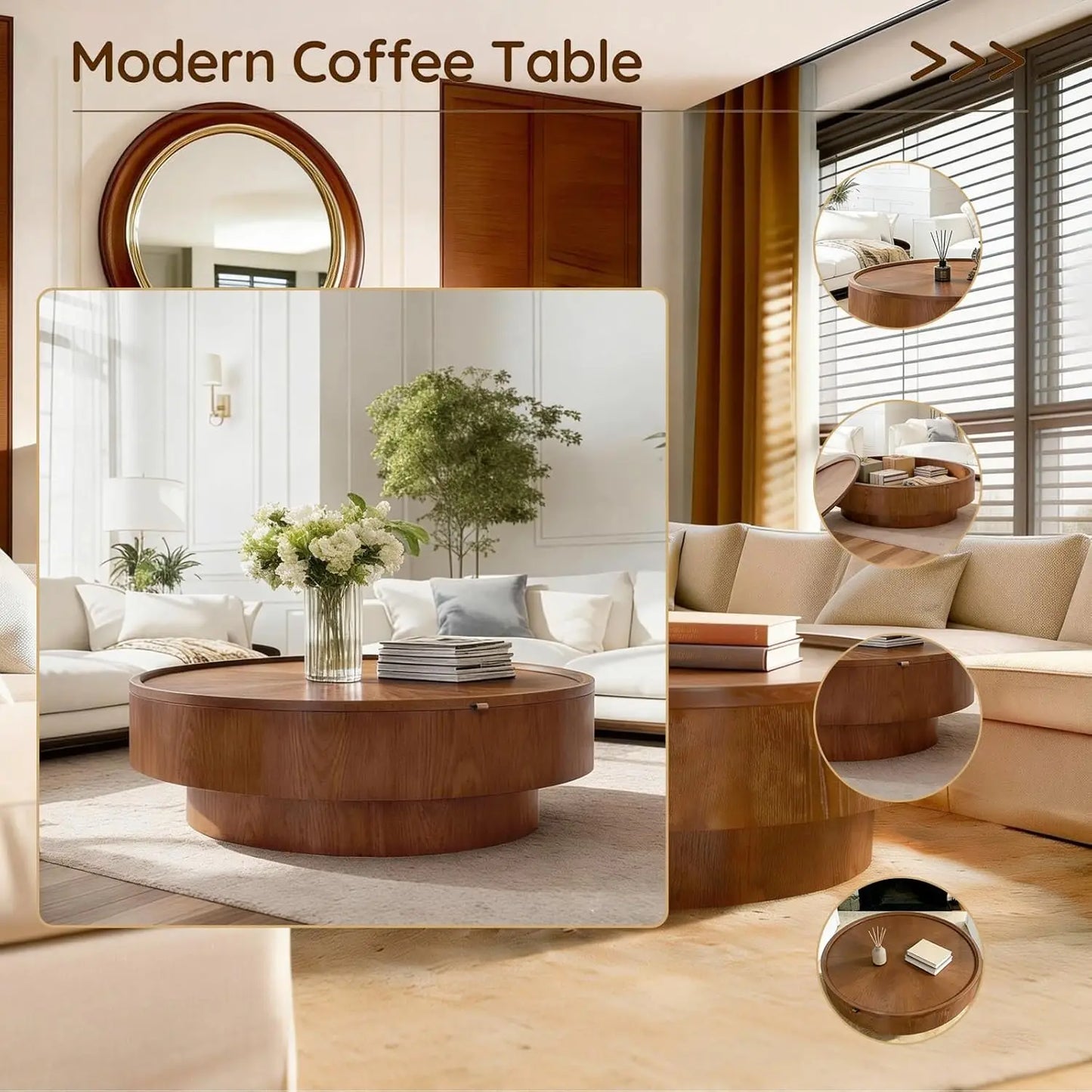 ZHUXIANG Modern Round Drum Coffee Table With Removable Lid