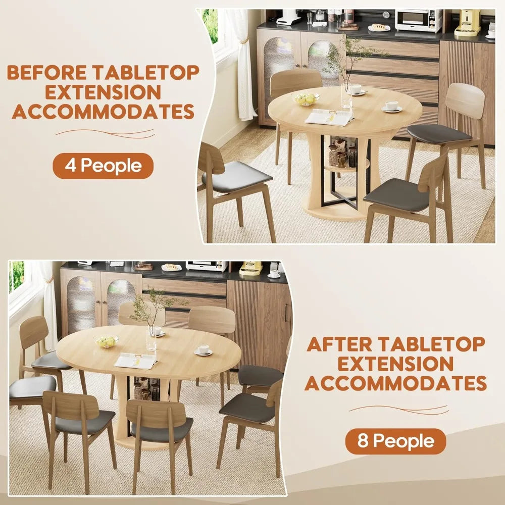 DAFIFY Extendable Round Dining Table For Four To Eight With Storage Shelf