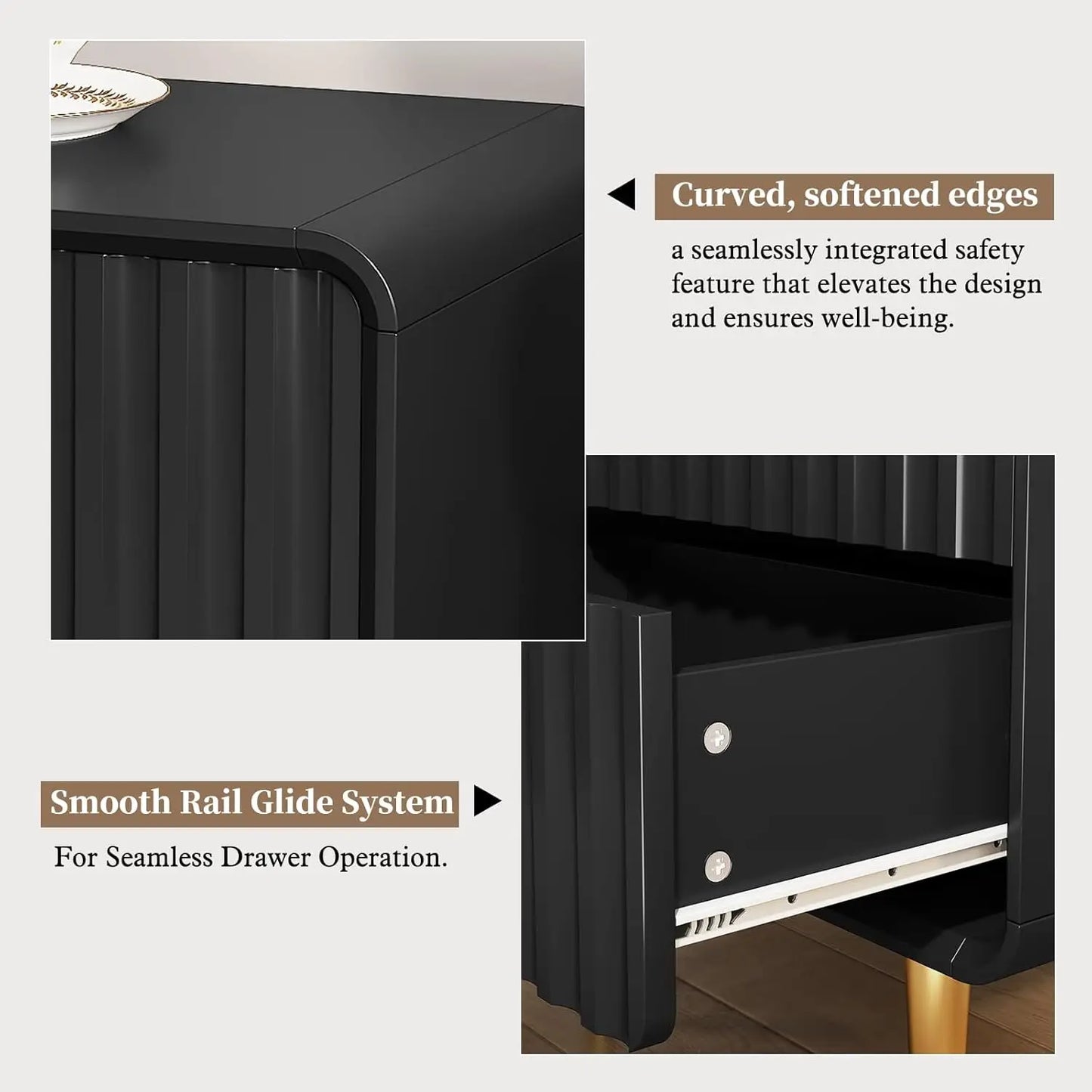 Modern Nightstand Set of 2 Fluted Bed Side Table with 2 Drawers Wood End Table with Gold Metal Handle for Storage，Customized