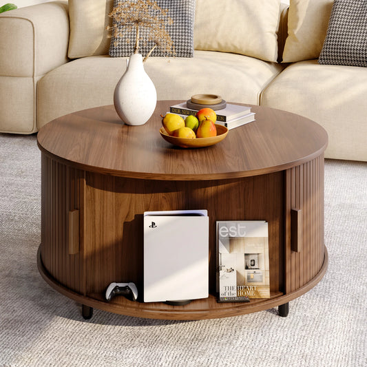 ONBRILLE Round Coffee Table With Storage And Fluted Wood Accent