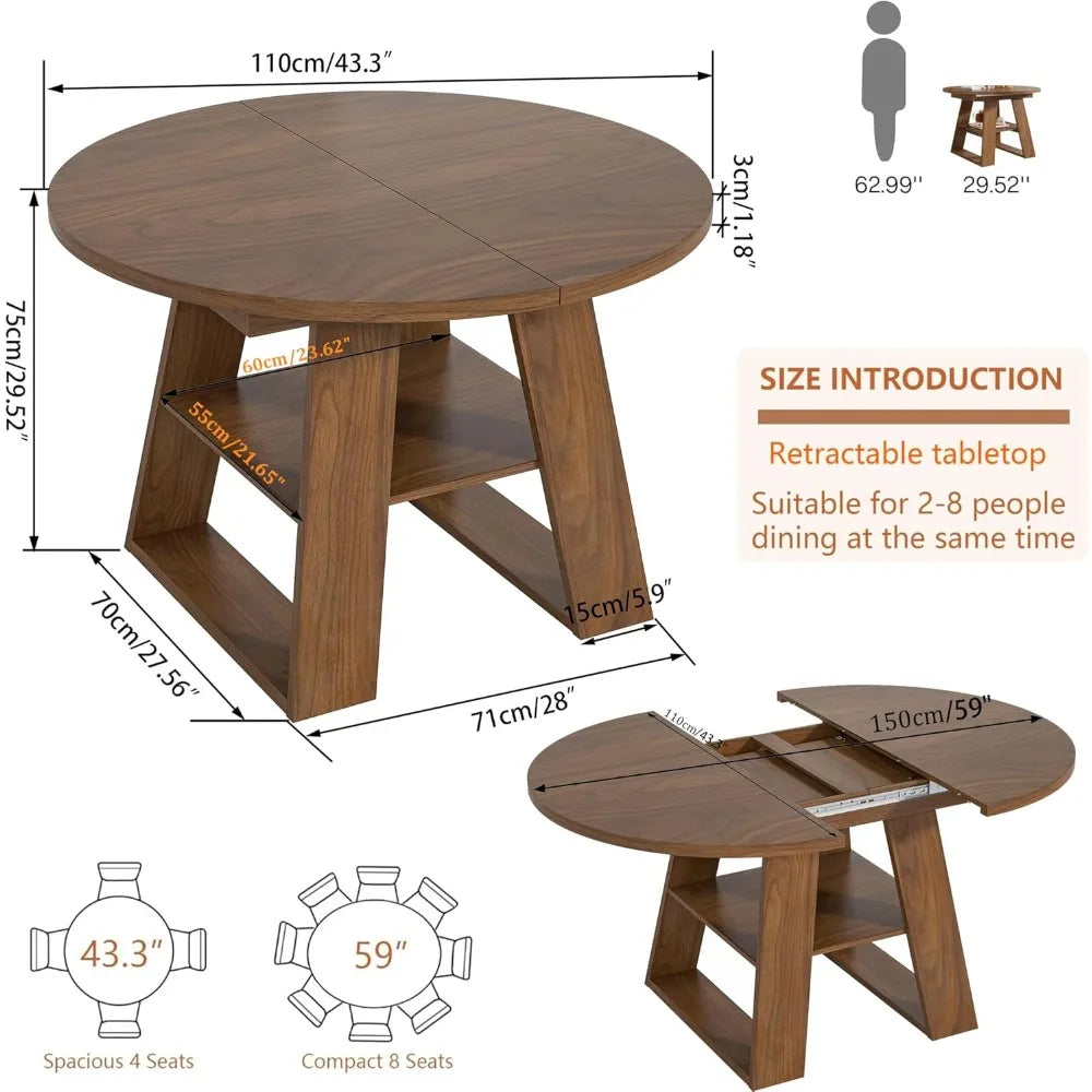 RBXC Extendable Round Dining Table for 4-8 with Leaves
