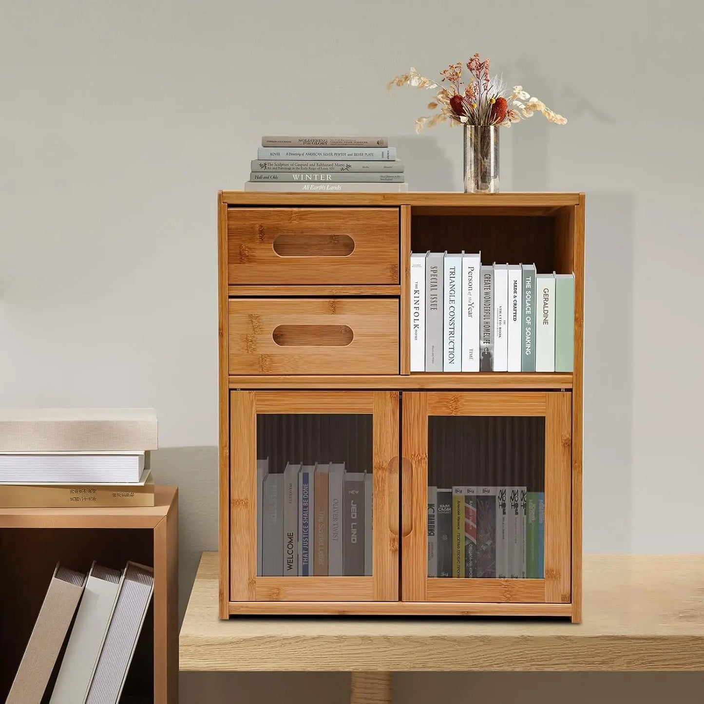Bymaocar Bamboo Kitchen Pantry Cabinet With 2 Drawer Bread Box