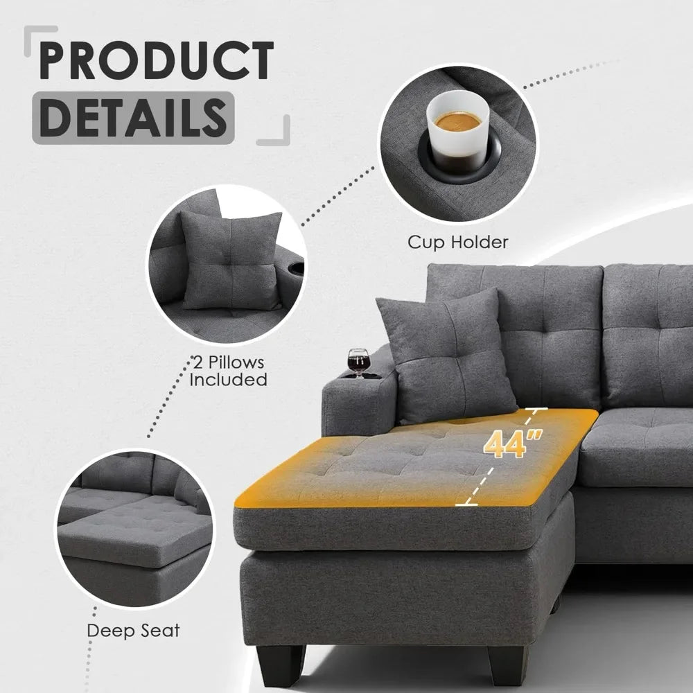 L Shaped Sectional Sofa Modern Living Room With Reversible Chaise