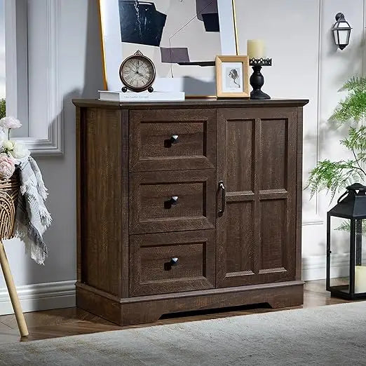 Wood Dresser With Three Plus One Drawers And Cross Door Storage