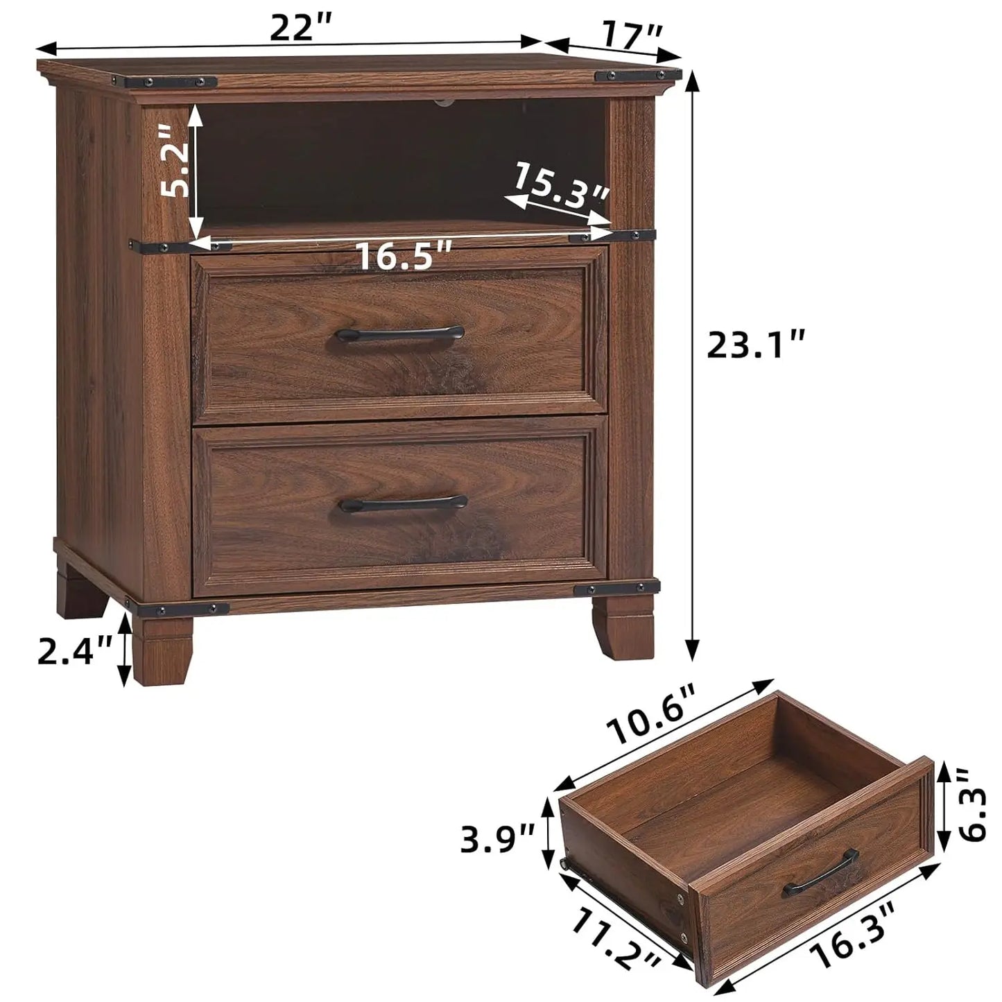 22" 2-Drawer Farmhouse Nightstand with Open Shelf for Bedroom Living Room Office, Brown, Customized