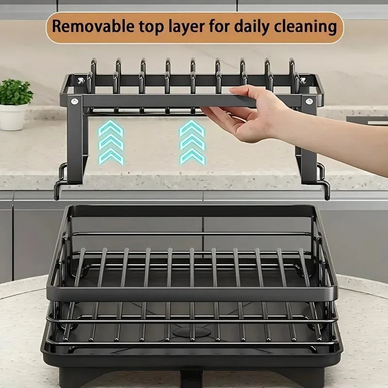 Double-Tier Extendable Dish Drainer – Large-Capacity Utensil Rack & Draining Board for Kitchen Worktops