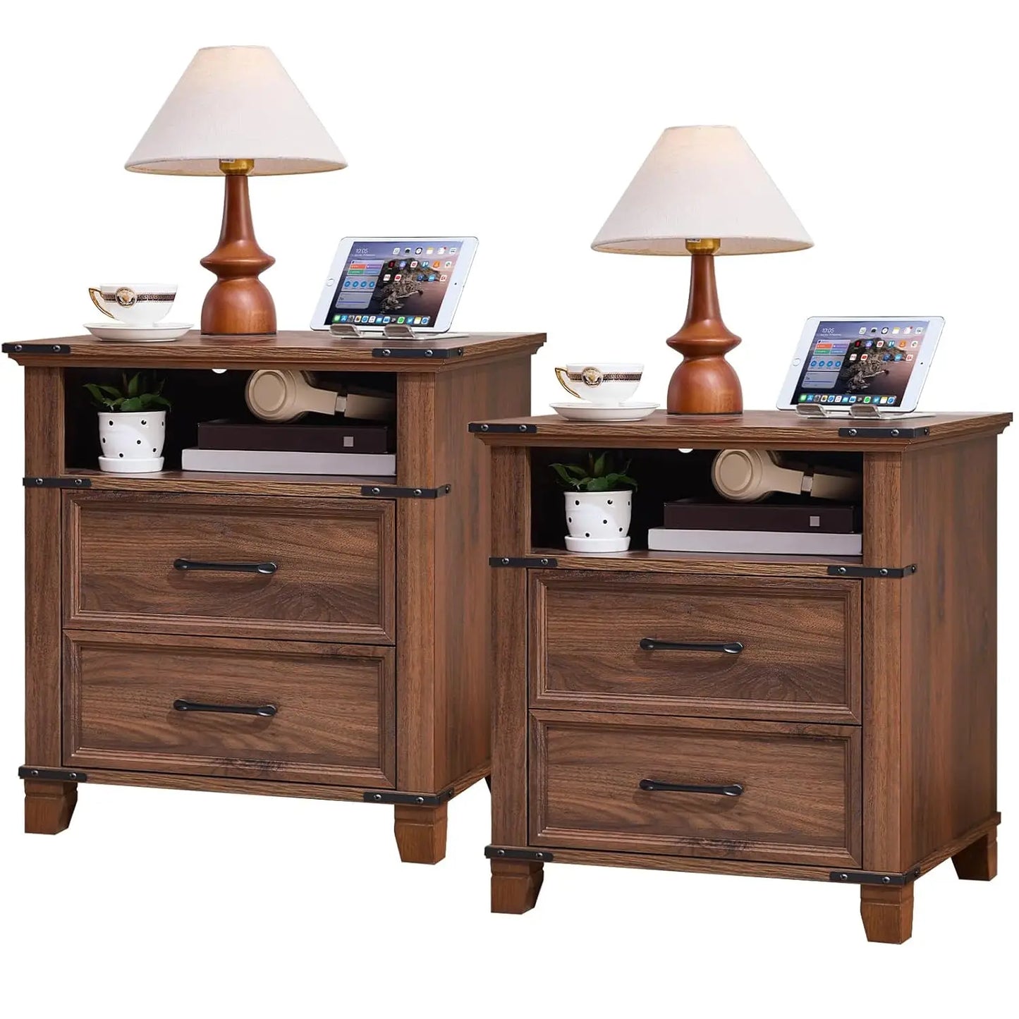 22" 2-Drawer Farmhouse Nightstand with Open Shelf for Bedroom Living Room Office, Brown, Customized