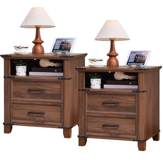 22" 2-Drawer Farmhouse Nightstand with Open Shelf for Bedroom Living Room Office, Brown, Customized