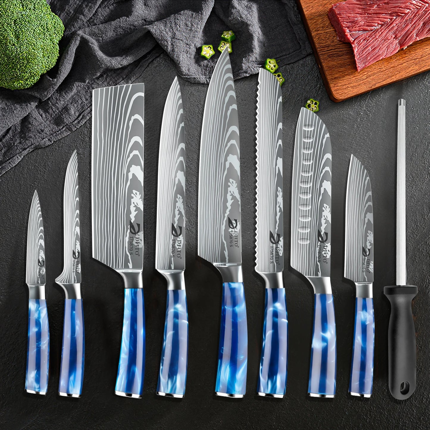 ZENG Chef Knife Set Stainless Steel With Cover Santoku