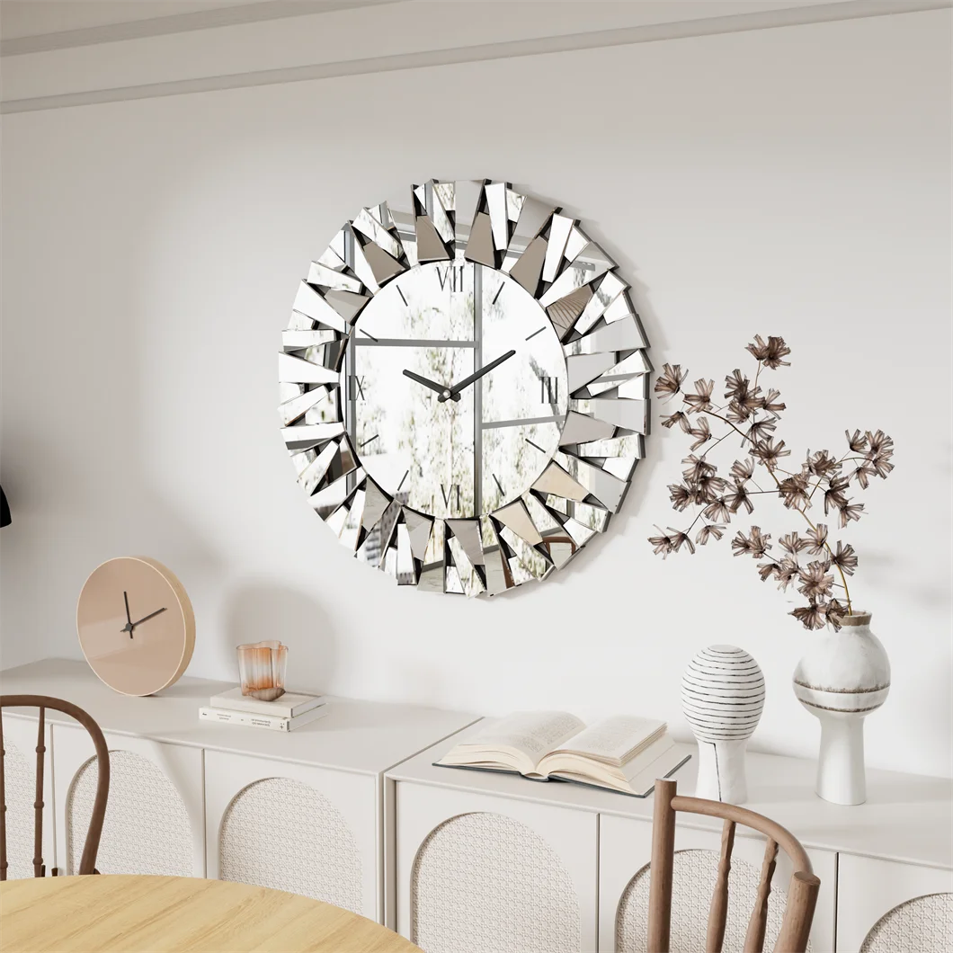 3D Mirrored Sunburst Wall Clock With Roman Numerals