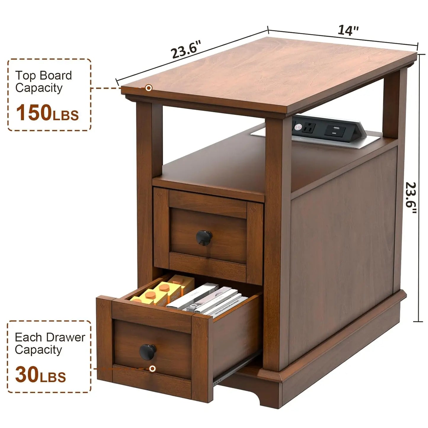 End Table with Flip Top Charging Station Set of 2, Narrow Side Table with 2 Drawers, Type-C & USB Port & Power, Customized