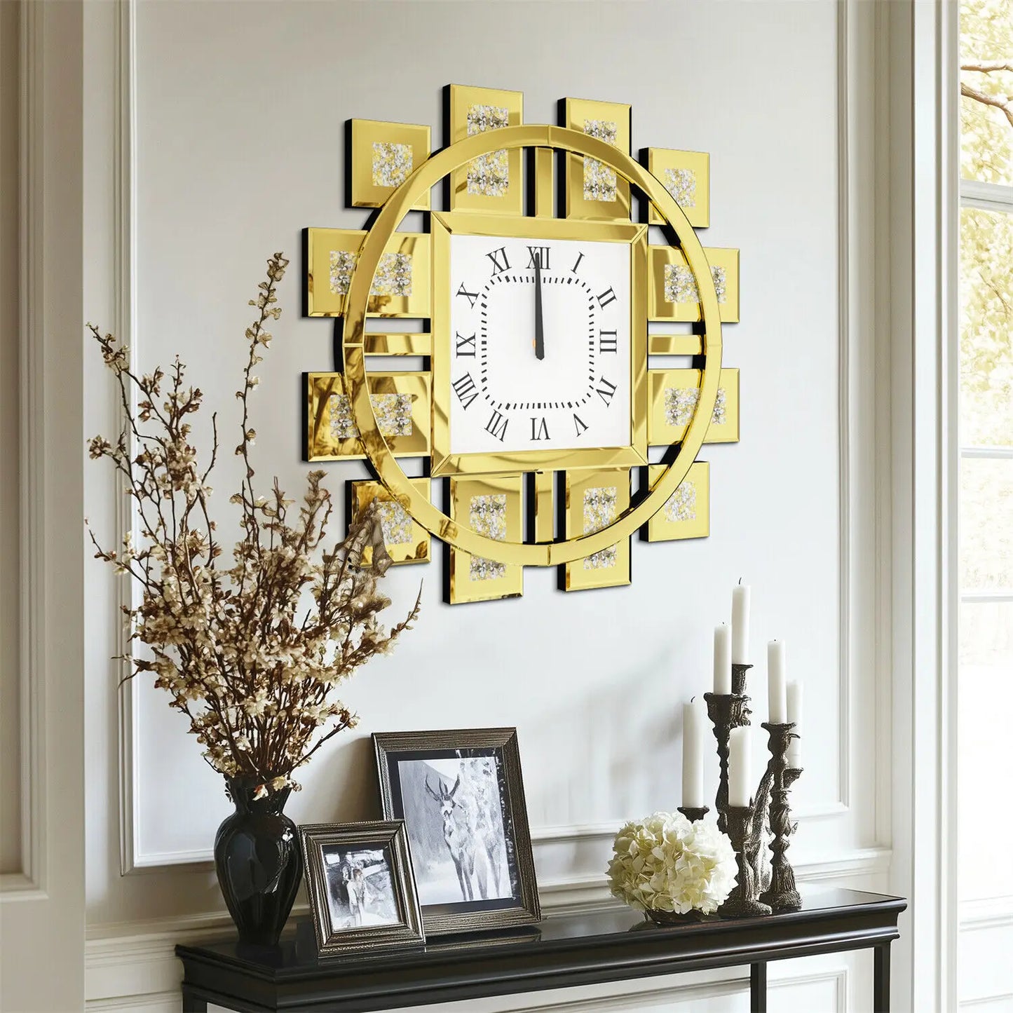 Wall Clock With Crushed Diamond Beveled Mirror Frame