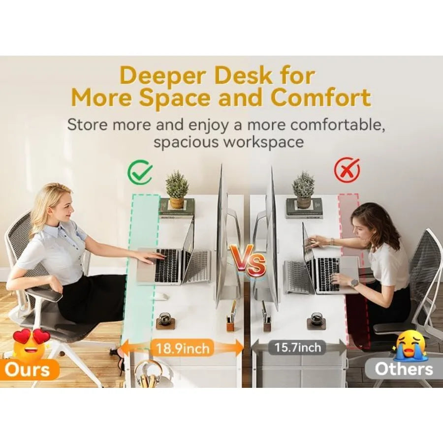 48 Inch White Computer Desk with 8 Fabric Drawers for Modern Home Office Study and Gaming Setup Featuring Large Storage Capacit