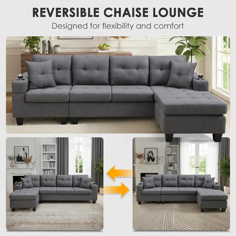L Shaped Sectional Sofa Modern Living Room With Reversible Chaise