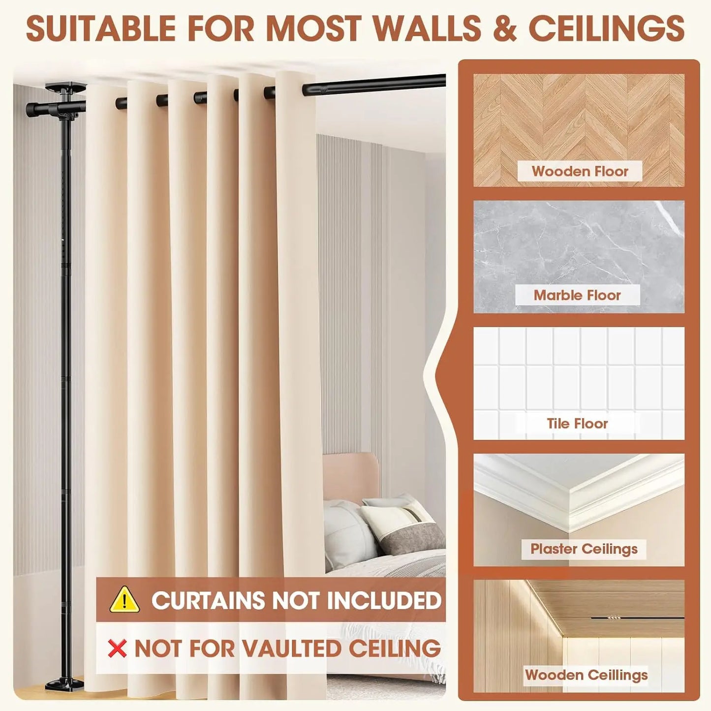 Adjustable No-Drill Room Divider Rod, 4-10ft Height, 28-70in Width, Heavy Duty for Space Partition