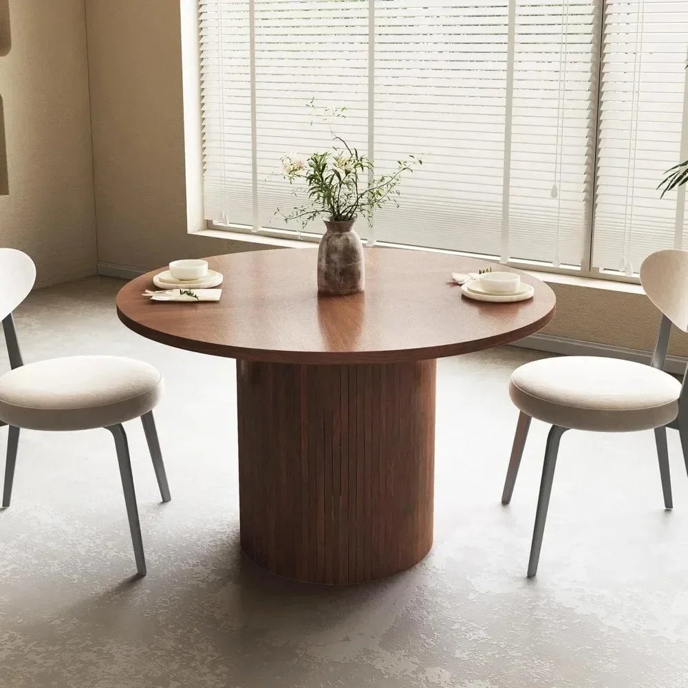 Modern Farmhouse Round Dining Table Wood Slat Base Seats Four
