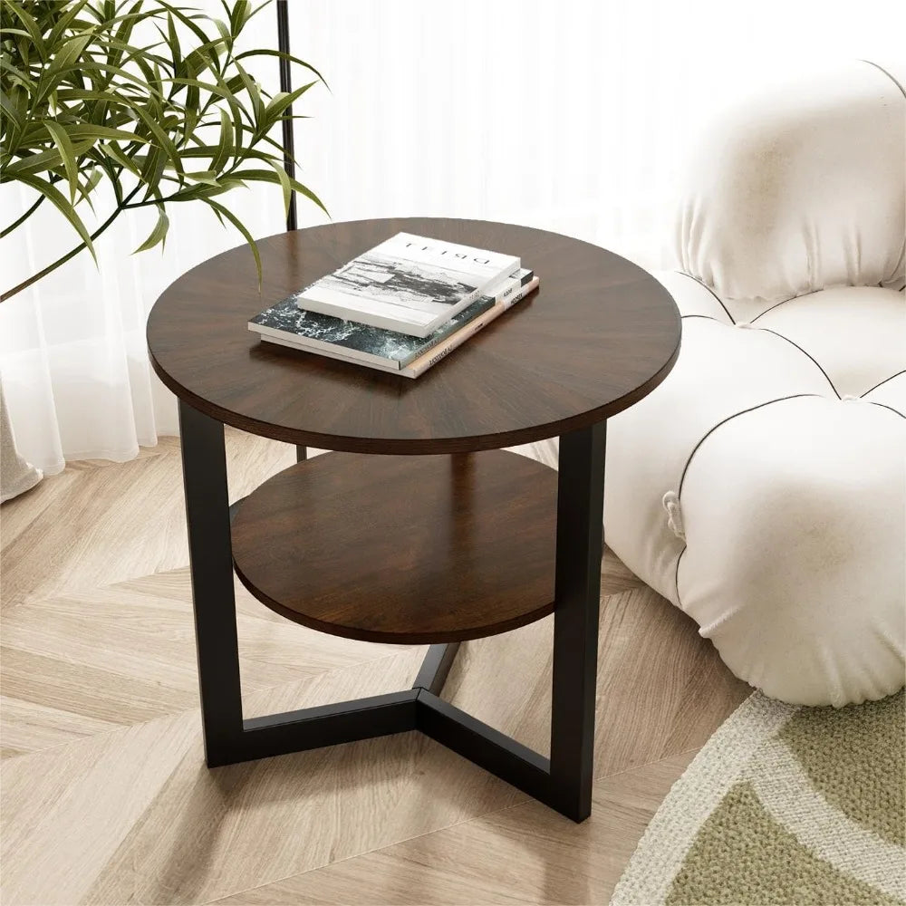 Round Side Table, Large 2-Tier End Table Nightstand with Metal Legs, Modern Bedside Couch Table for Living Room, Bedroom, Offic