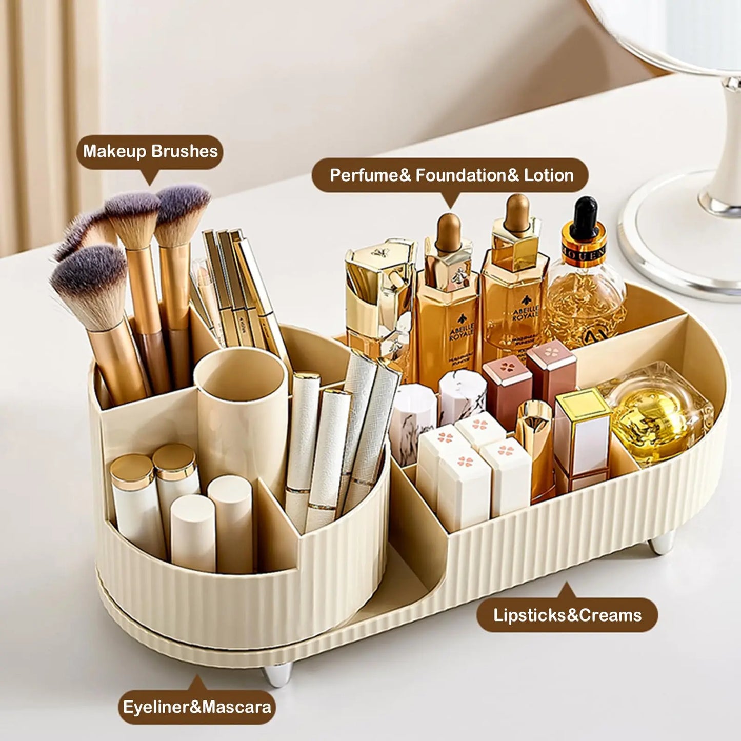 Rotating Makeup Organizer With Brush Holder For Vanity Storage