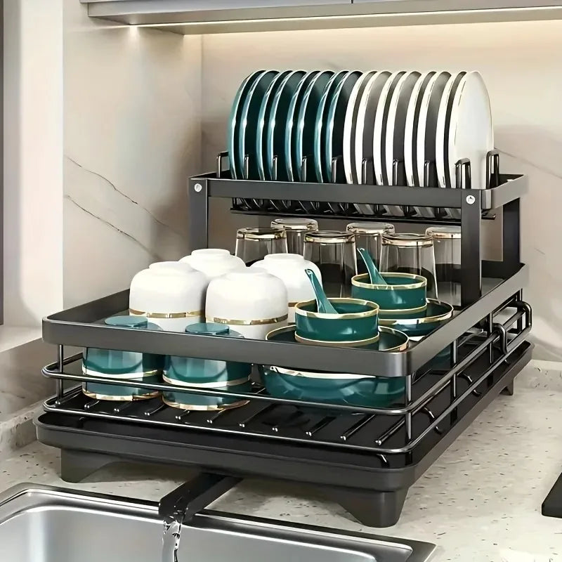 Double-Tier Extendable Dish Drainer – Large-Capacity Utensil Rack & Draining Board for Kitchen Worktops