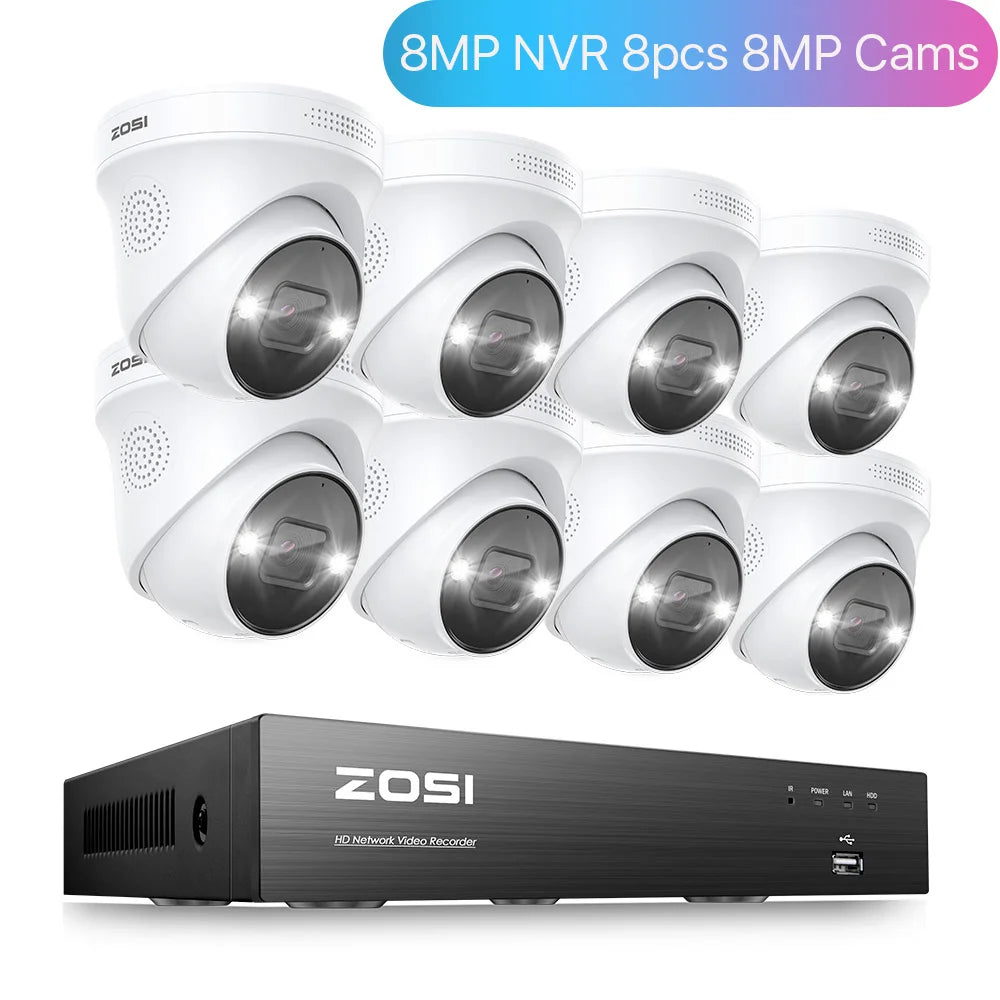 ZOSI 4K 8MP 5MP POE Video Surveillance Kit 8CH H.265 Home CCTV NVR Set Color Night Vision AI Detection IP Security Camera System
