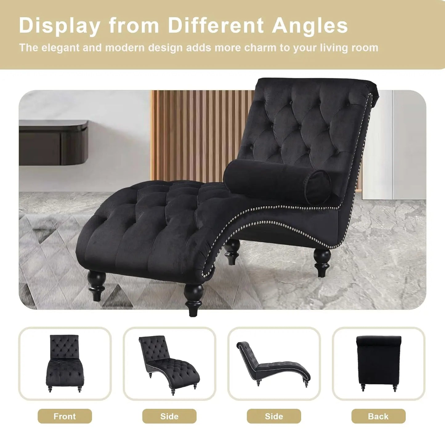 Velvet Upholstered Chaise Lounge Chair With Tufted Button Pillow