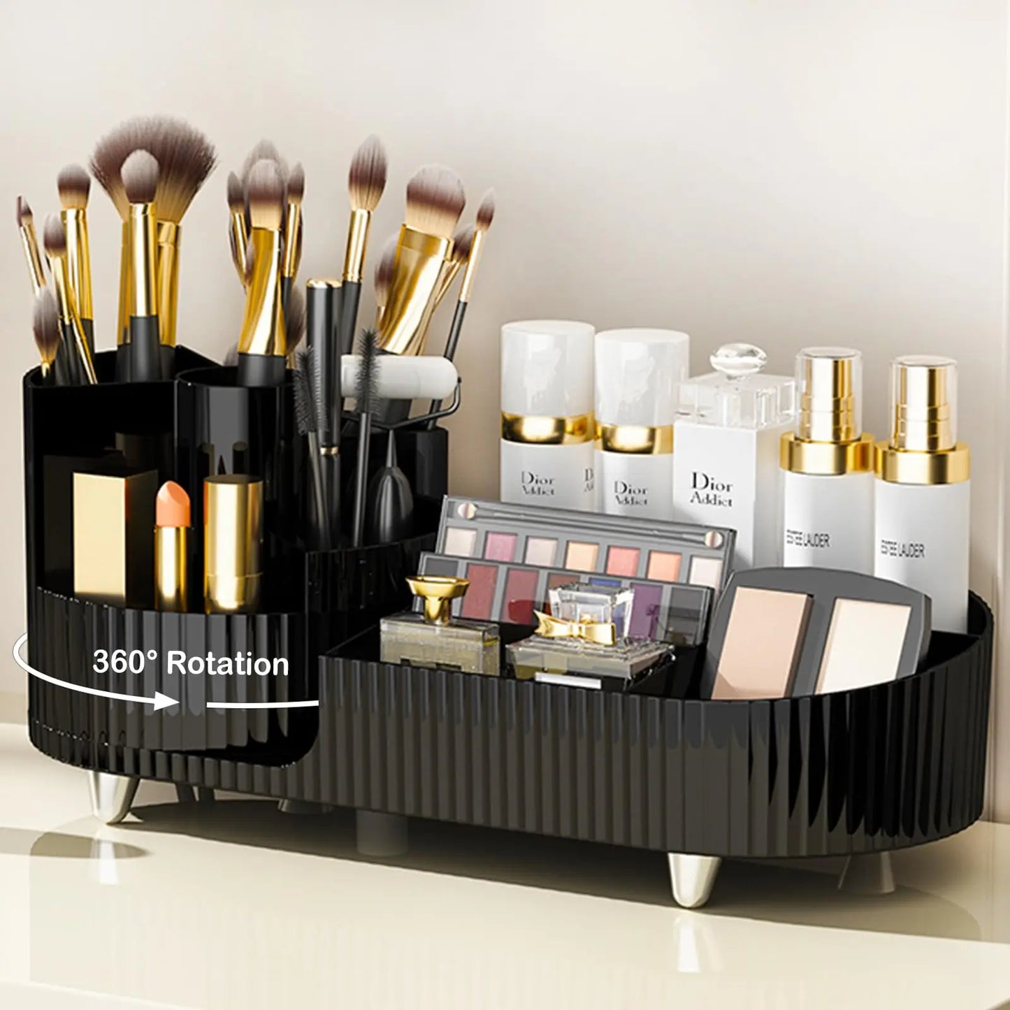 Rotating Makeup Organizer With Brush Holder For Vanity Storage