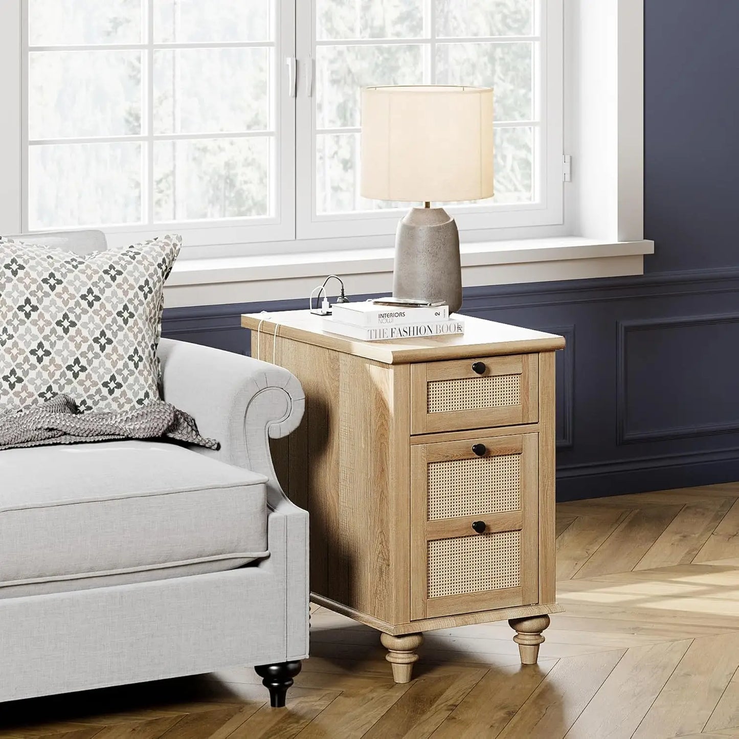 HUANZHUANG End Tables With Charging Station And Rattan Drawer Cabinet