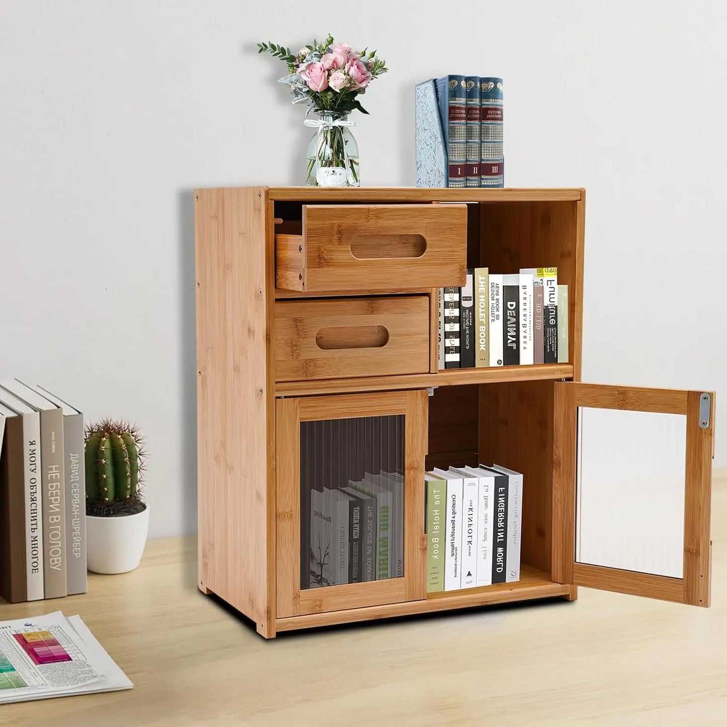 Bymaocar Bamboo Kitchen Pantry Cabinet With 2 Drawer Bread Box