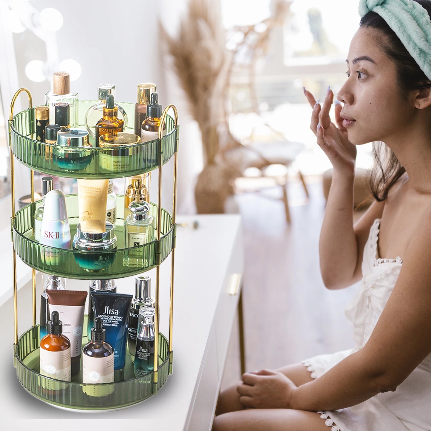 Rotating Makeup Organizer Three Tier Vanity Storage for Skincare