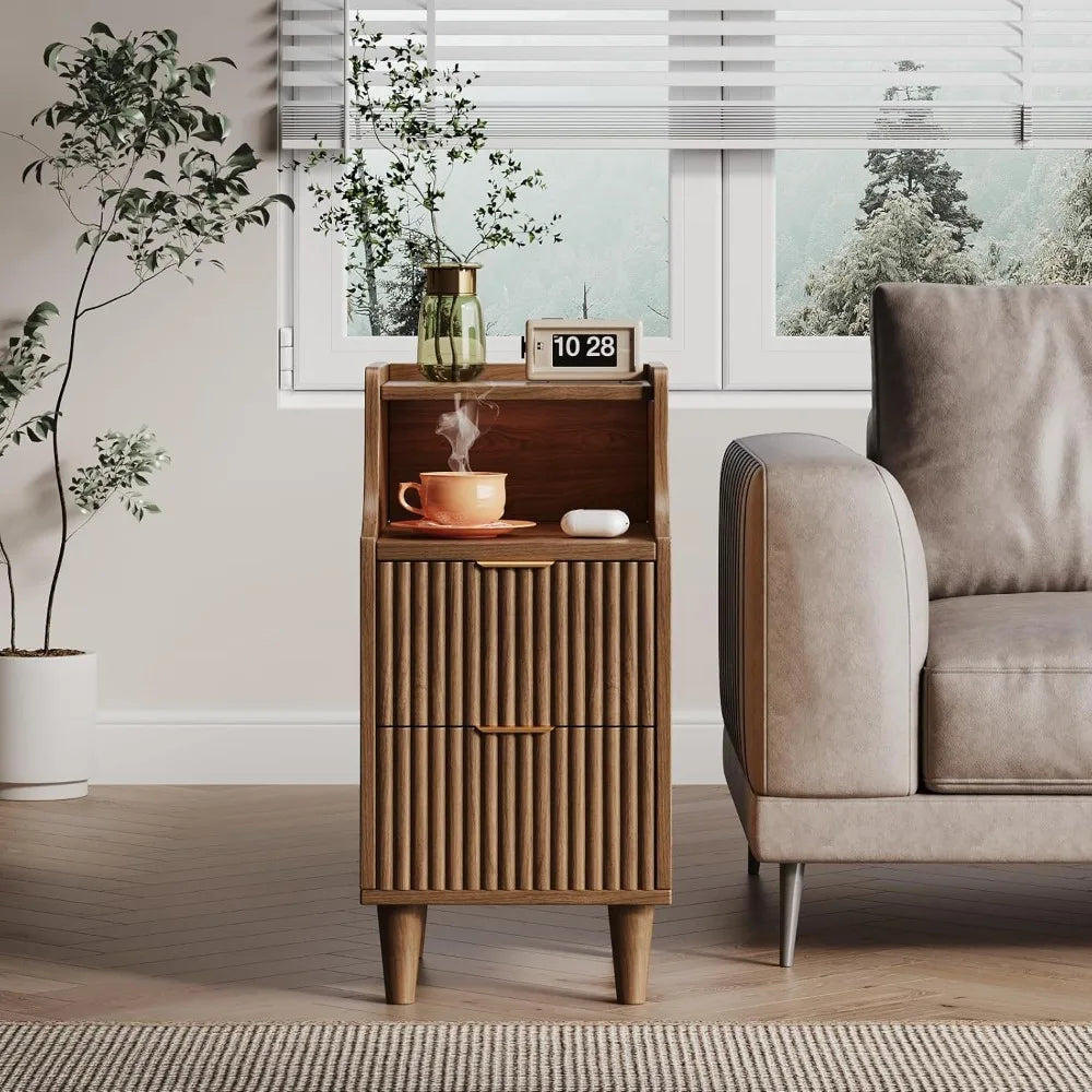 Narrow Nightstand Set of 2,11.8" Fluted Bedside Table Set of 2, Slim Side End Table with 2 Drawers, Wooden Bedside, Customized