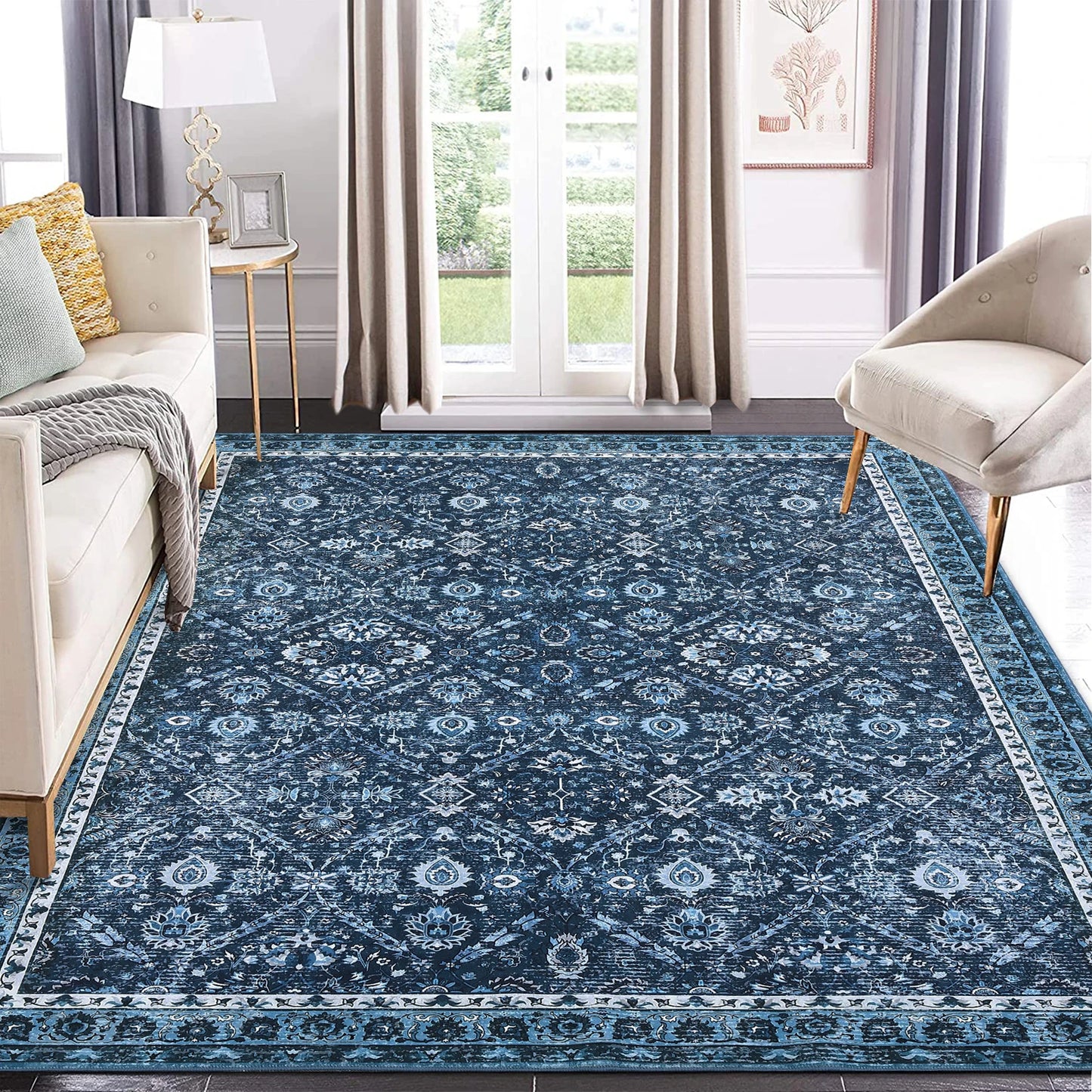 NONECN Machine Washable Non-Slip Stain-Resistant Low-Pile Moroccan Trellis Rug