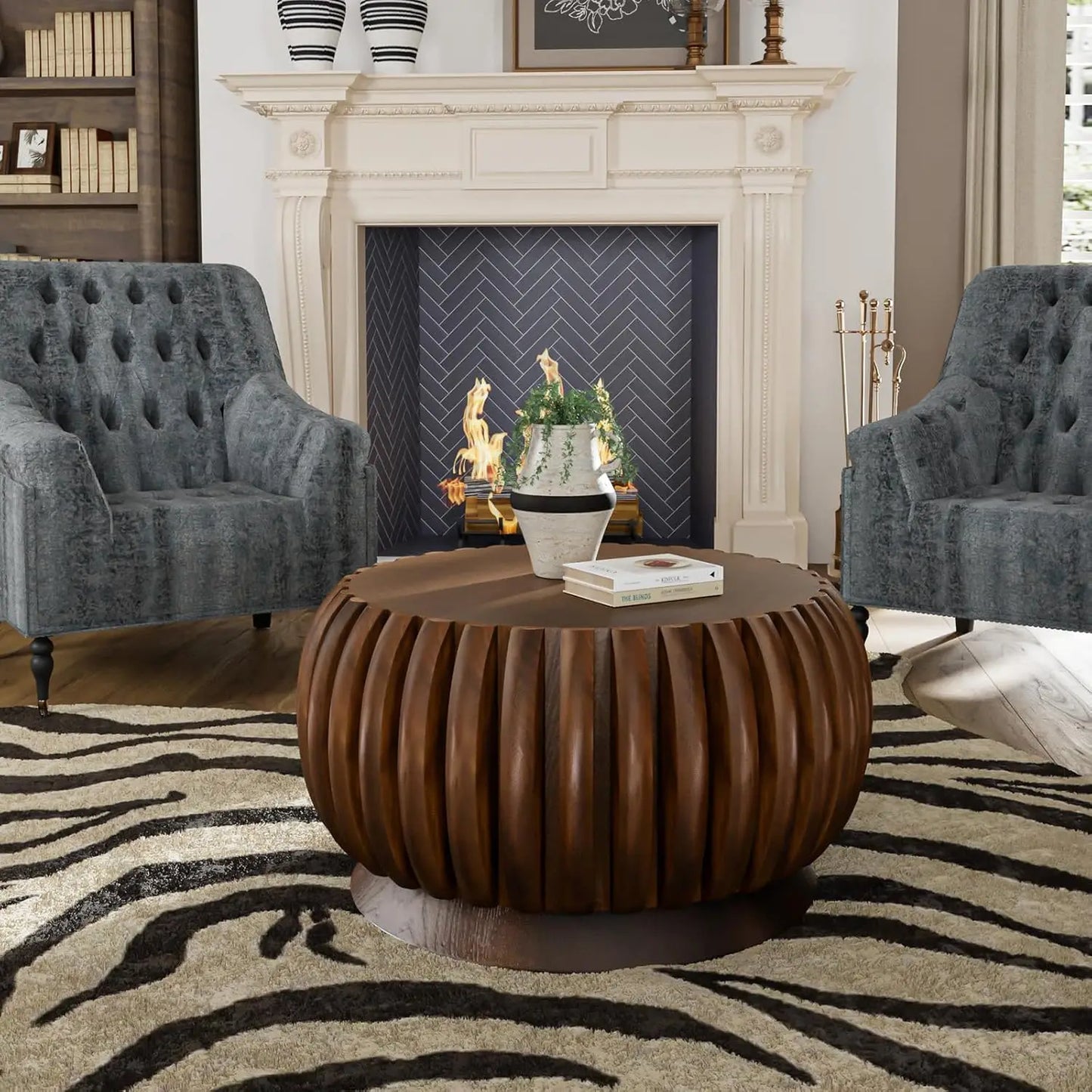 ZHUXIANG Modern Minimalist Fluted Drum Coffee Table Living Room