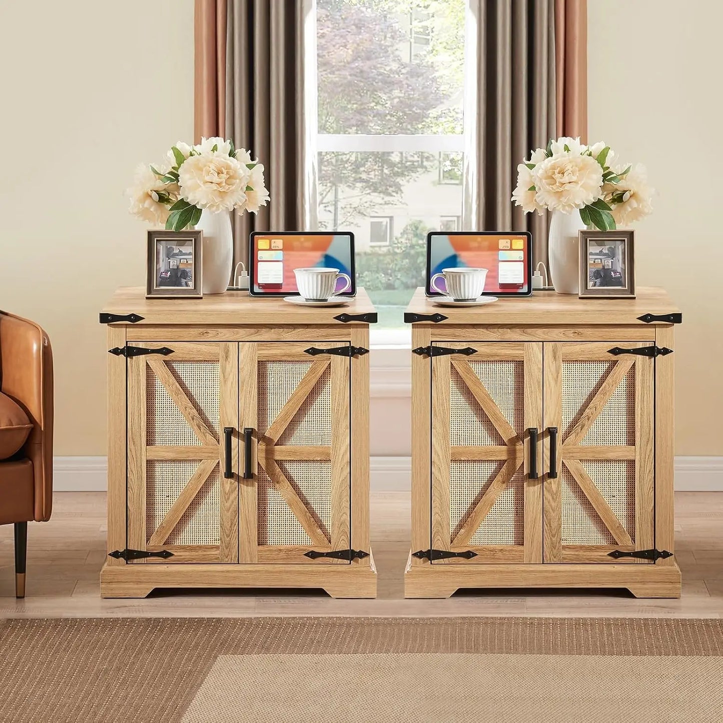 Farmhouse End Table with Charging Station,24" Large Side Table with Barn Door, Rustic Wood Square Nightstand, Customized