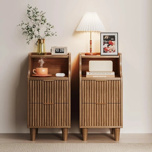 Narrow Nightstand Set of 2,11.8" Fluted Bedside Table Set of 2, Slim Side End Table with 2 Drawers, Wooden Bedside, Customized