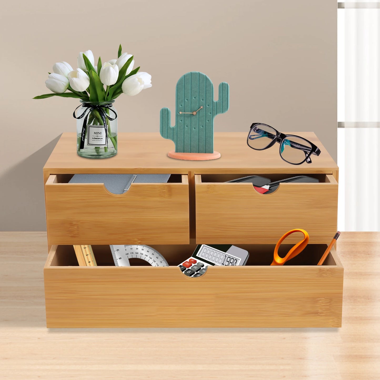 NONECN Bamboo Desk Organizer 3 Drawer Storage Box For Office