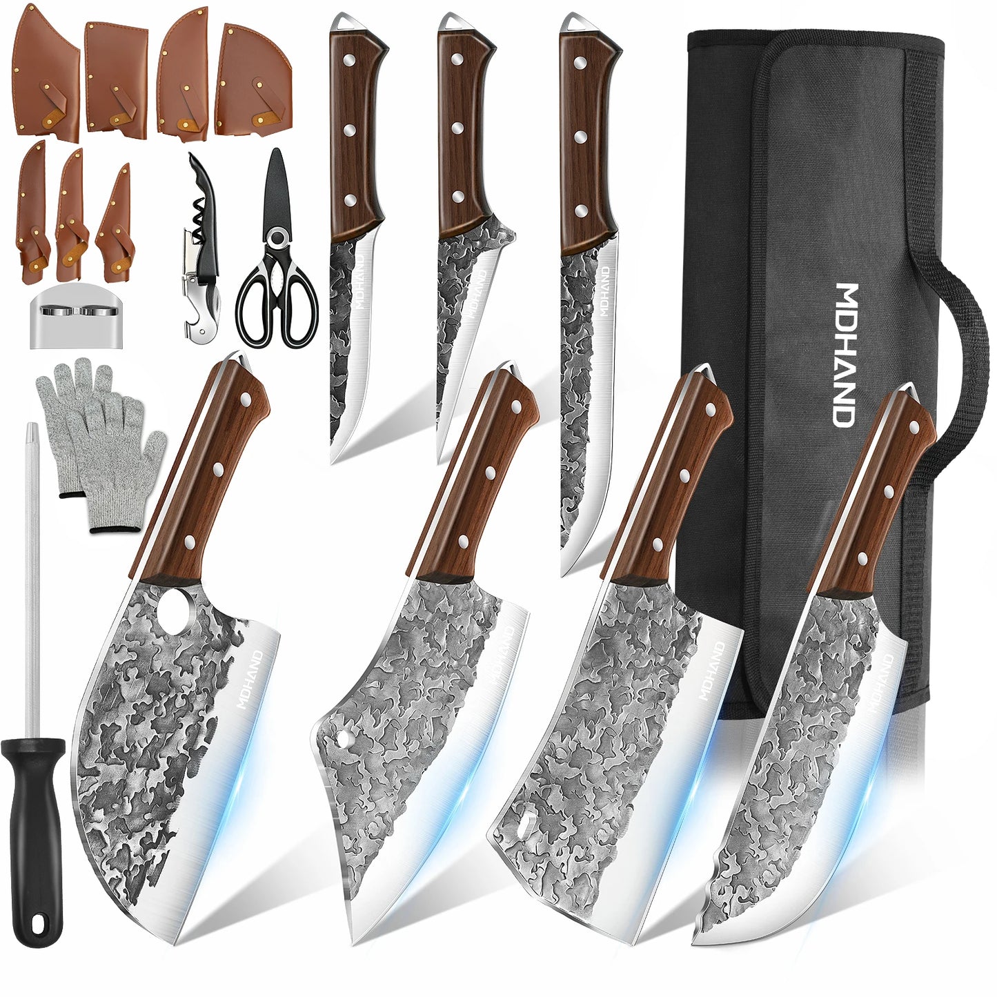 MDHAND 14 Piece Meat Cleaver Knife Set With Roll Bag