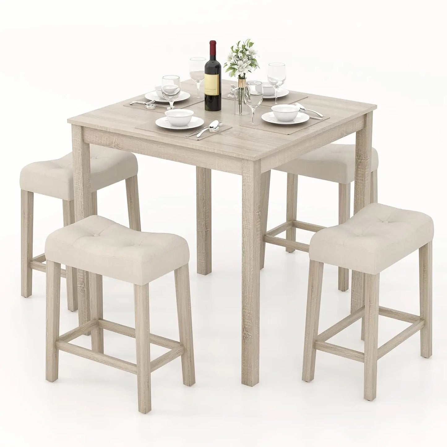 5-Piece Bar Table Set With Padded Stools And Rubber Wood Legs