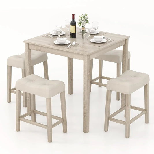 5-Piece Bar Table Set With Padded Stools And Rubber Wood Legs