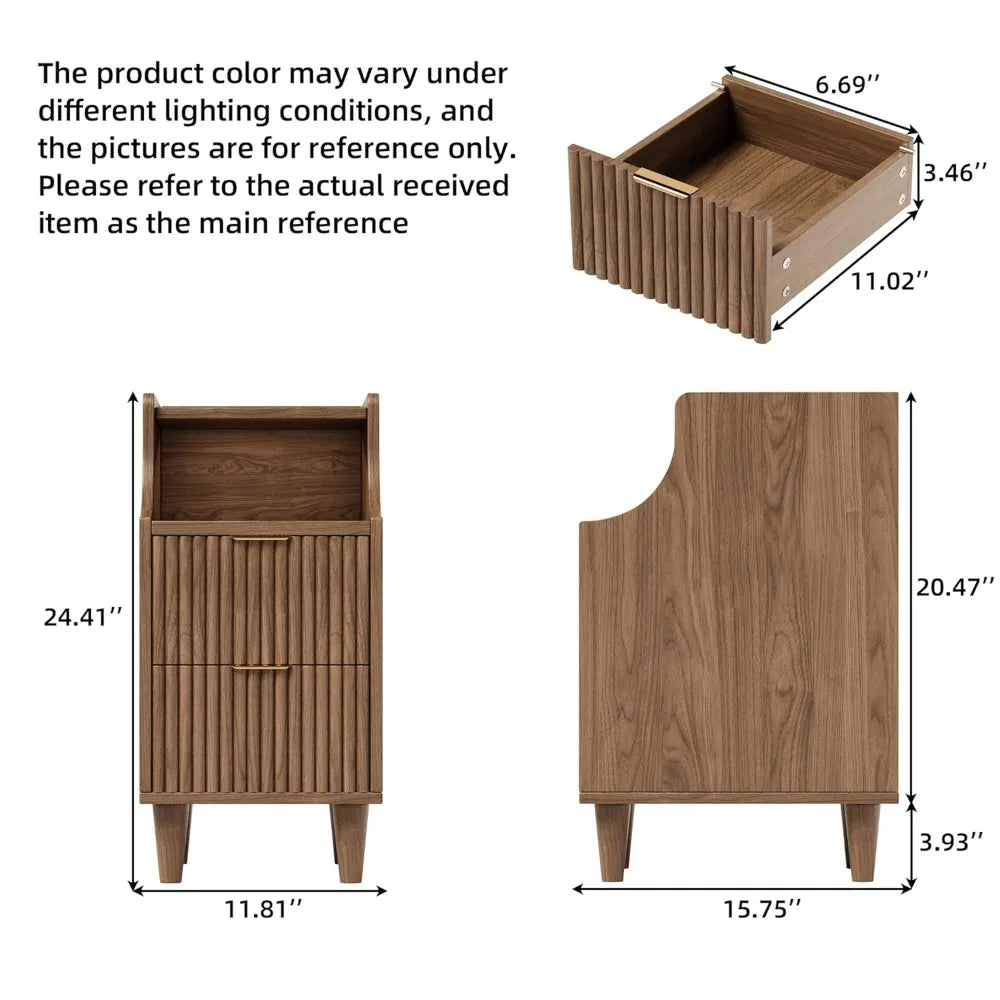 Narrow Nightstand Set of 2,11.8" Fluted Bedside Table Set of 2, Slim Side End Table with 2 Drawers, Wooden Bedside, Customized