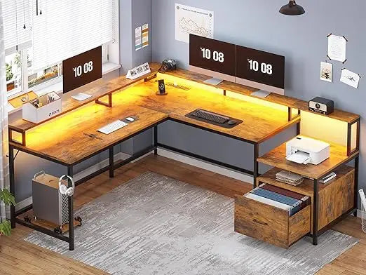 Office Desk with Wood File Drawer & Power Outlet,Gaming Desk with Led Lights,Corner Computer Desk with Monitor Shelf,Customized