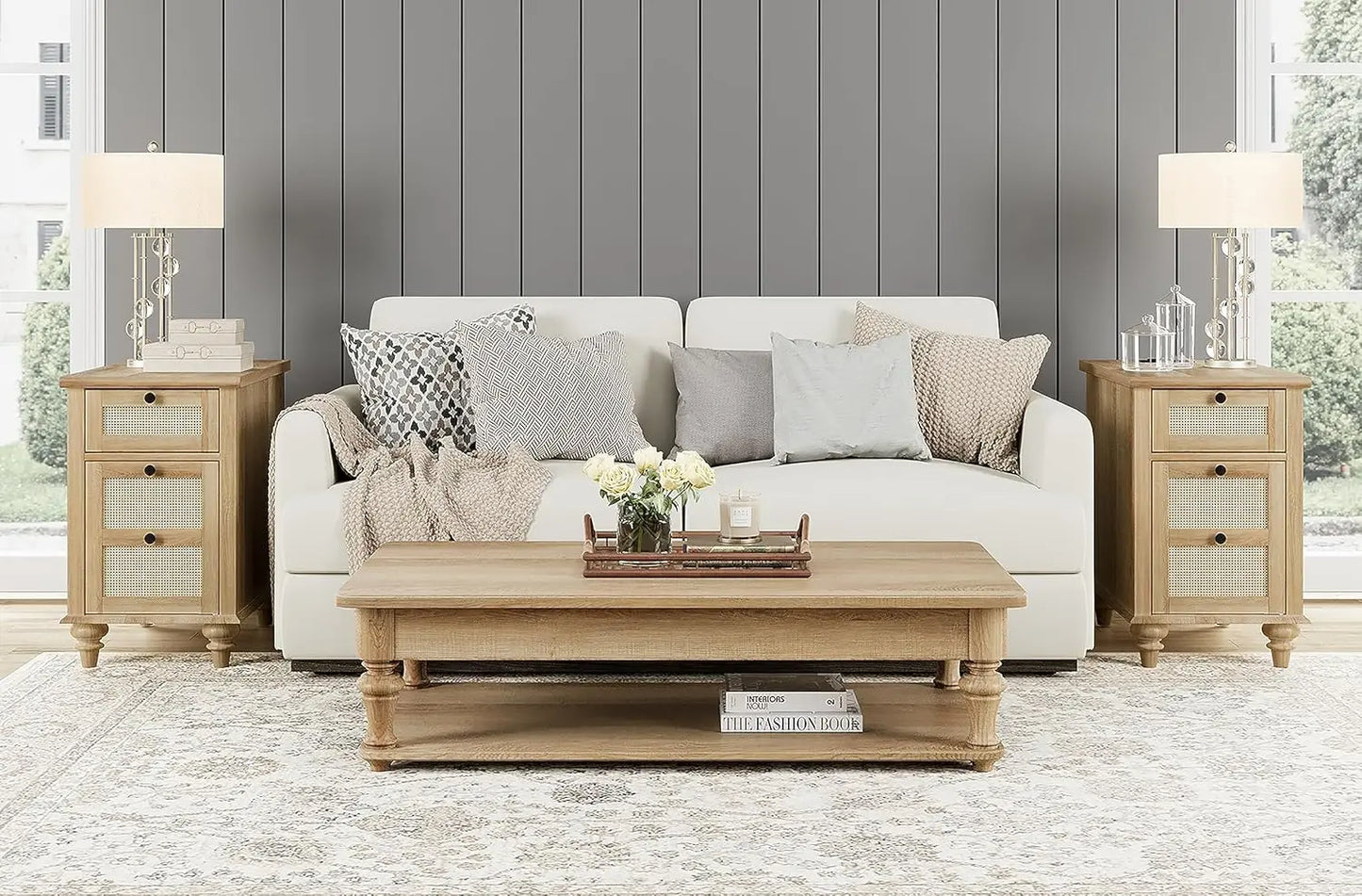 HUANZHUANG End Tables With Charging Station And Rattan Drawer Cabinet