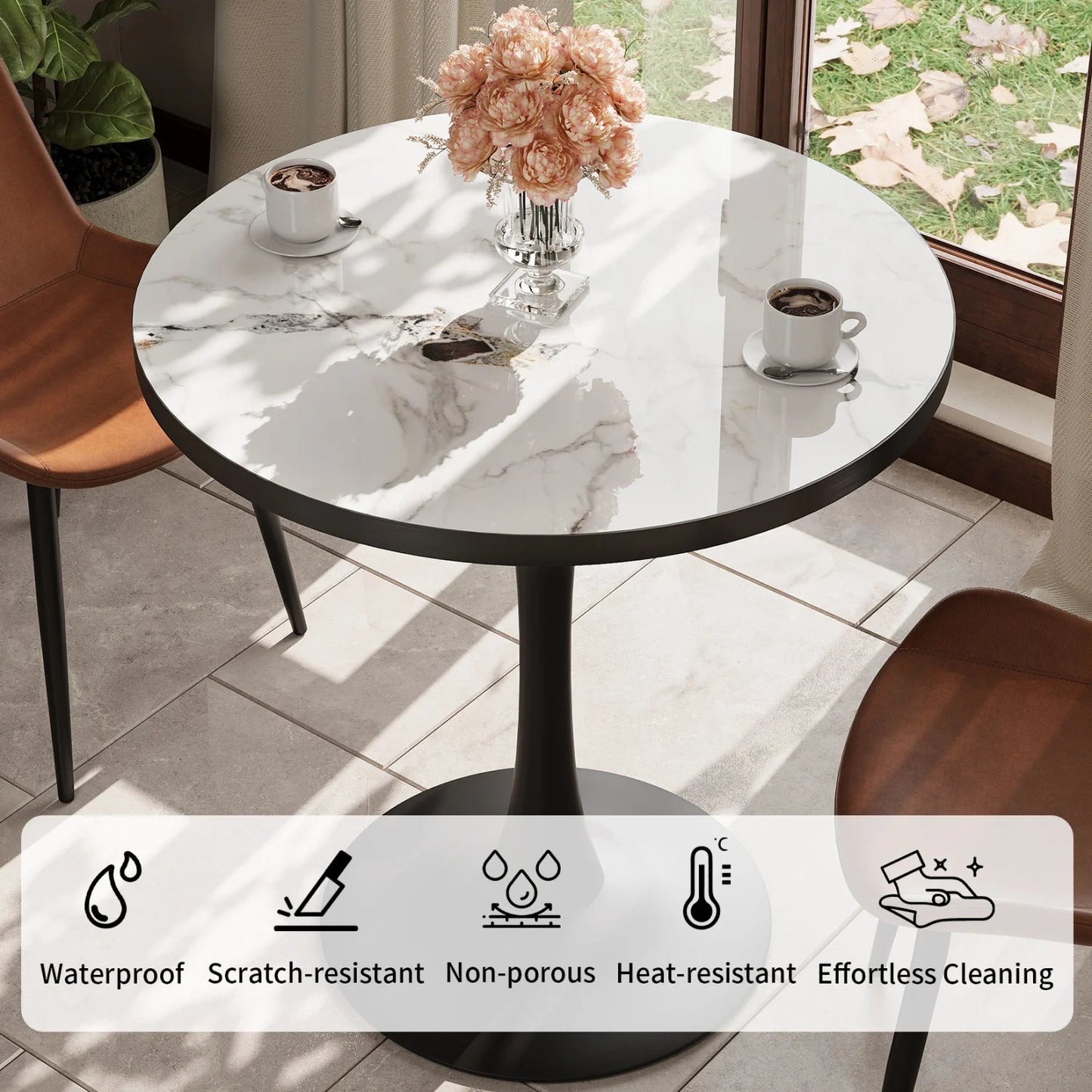 Leisure Round Dining Table Dining Room Circle Dinner Pedestal Table Furniture Coffee Table for 2-3 People No Chairs Stone Top