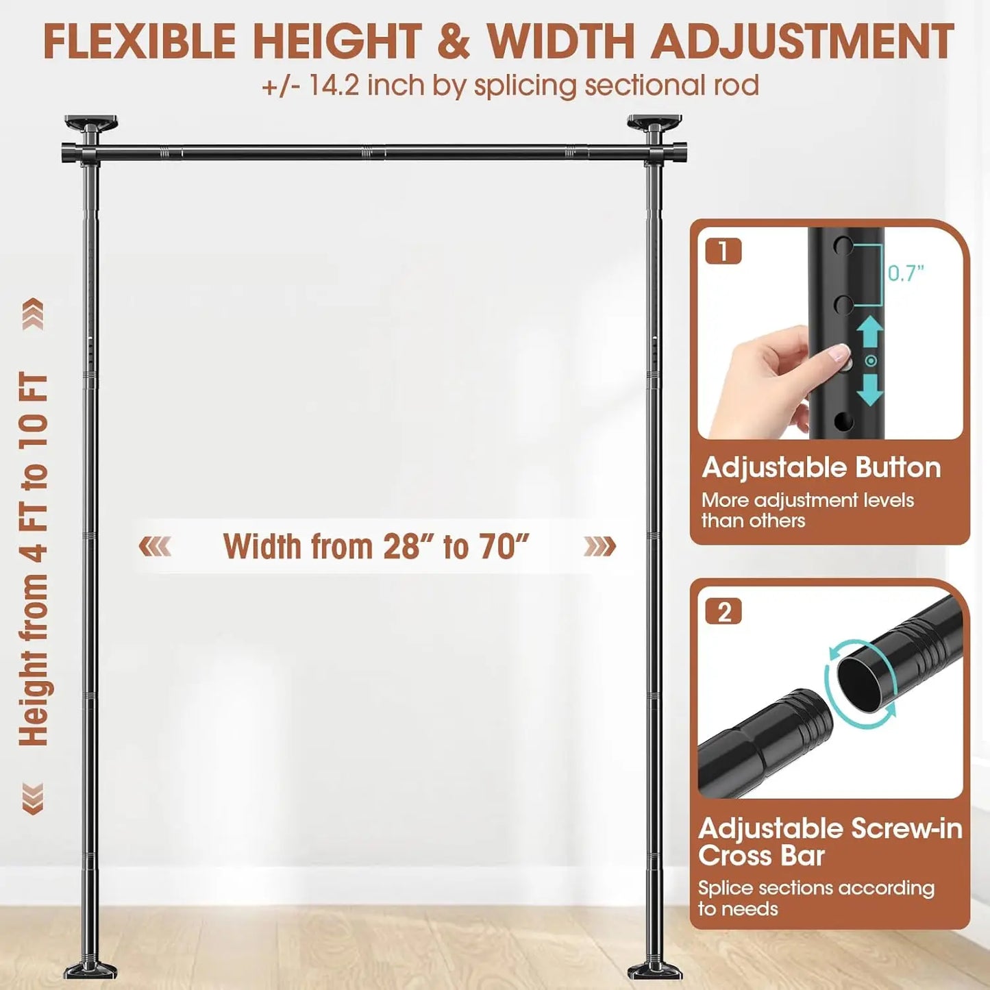 Adjustable No-Drill Room Divider Rod, 4-10ft Height, 28-70in Width, Heavy Duty for Space Partition