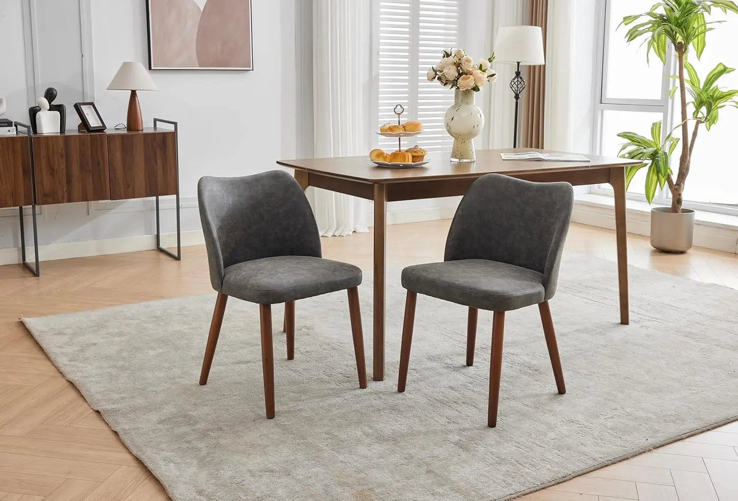 Dining Chair Set of 2, Leather Upholstered Dining Chair with Wood Legs, Wing Backrest, Wooden Kitchen Chair, Kitchen Chairs with