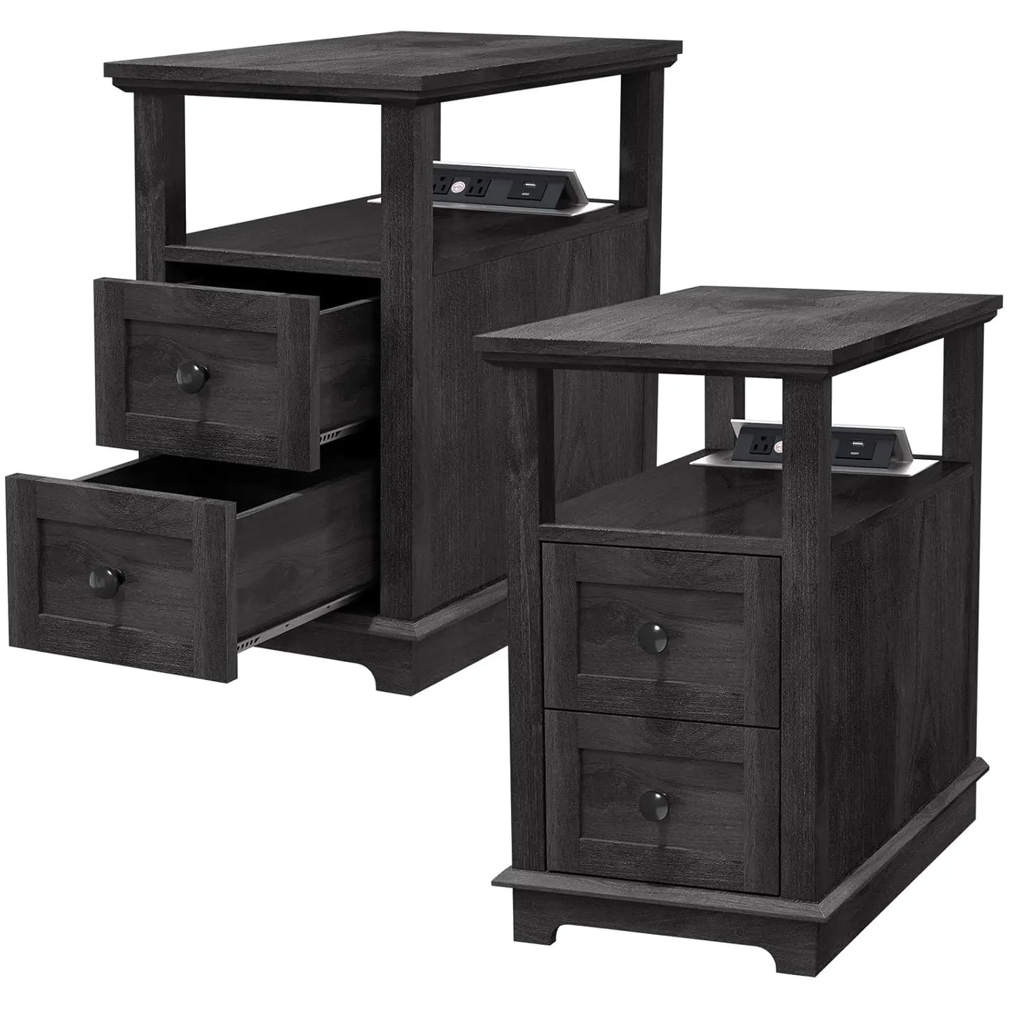 End Table with Flip Top Charging Station Set of 2, Narrow Side Table with 2 Drawers, Type-C & USB Port & Power, Customized