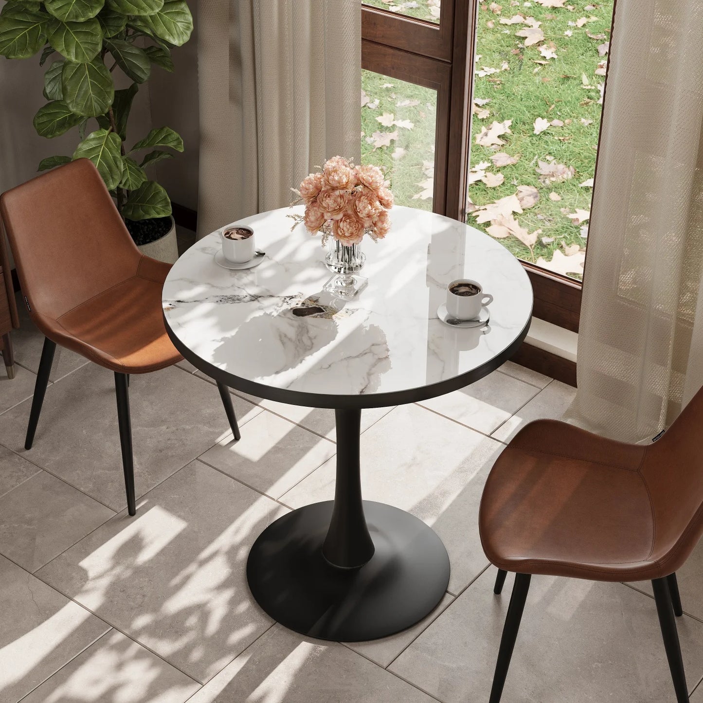 Leisure Round Dining Table Dining Room Circle Dinner Pedestal Table Furniture Coffee Table for 2-3 People No Chairs Stone Top