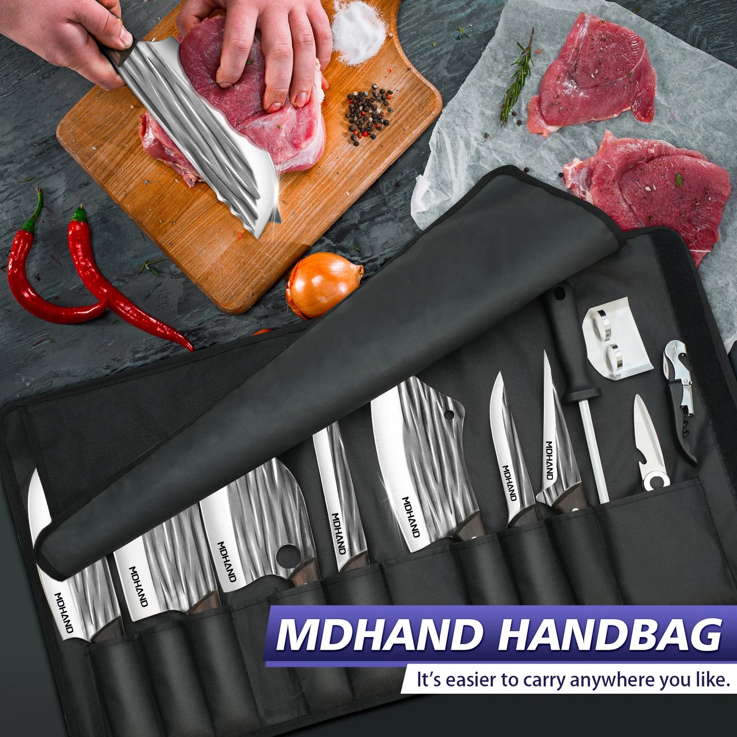 MDHAND 14 Piece Meat Cleaver Knife Set With Roll Bag