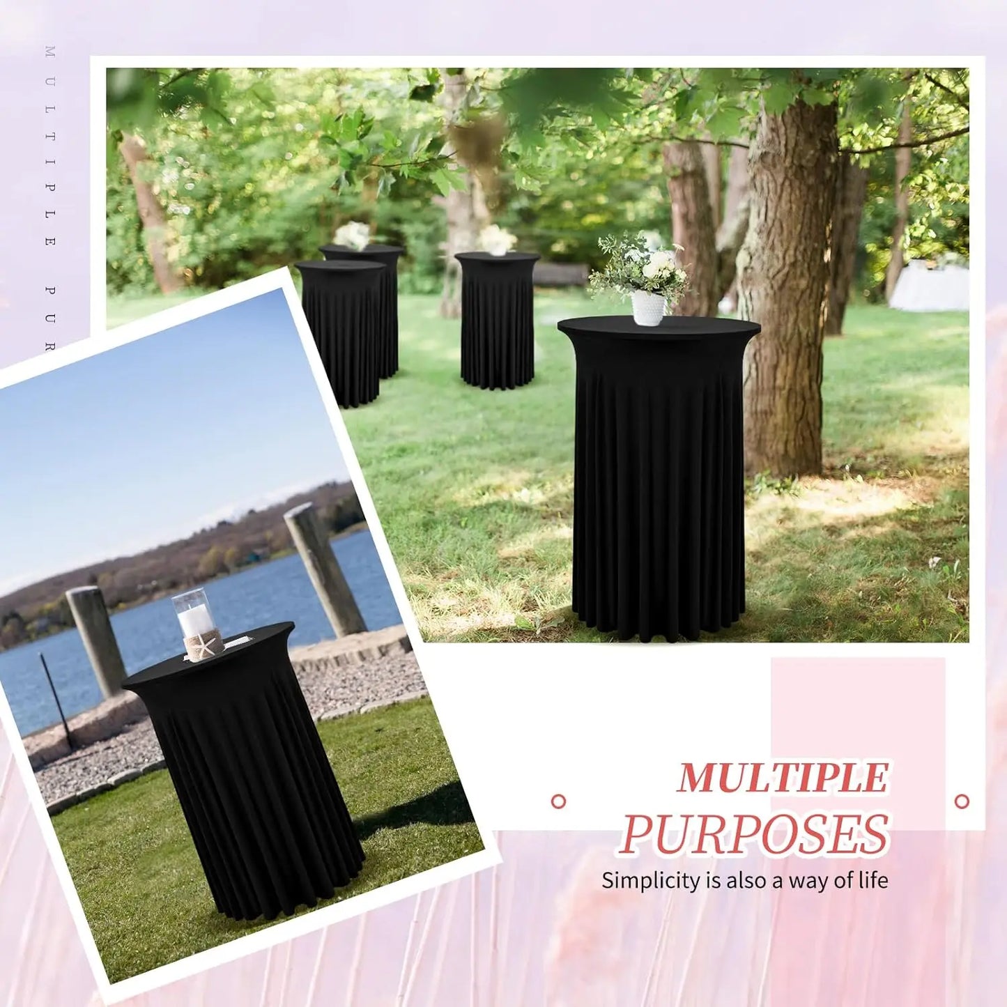 6-Pack Black Spandex Cocktail Table Skirts, 32x43 Inches with Wavy Drapes for Wedding Bar Party