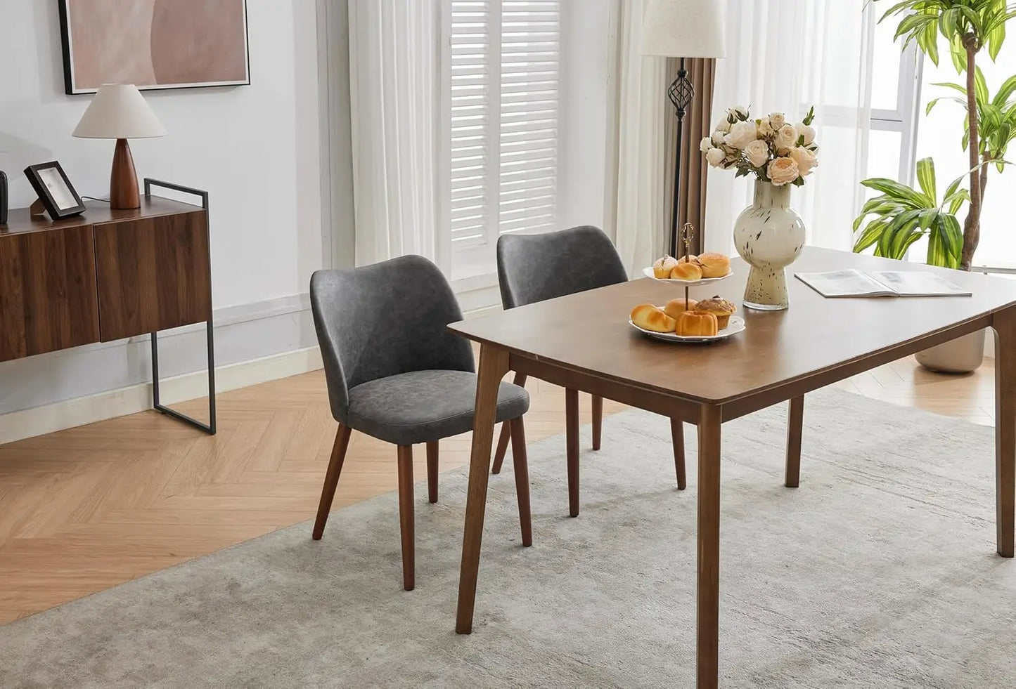 Dining Chair Set of 2, Leather Upholstered Dining Chair with Wood Legs, Wing Backrest, Wooden Kitchen Chair, Kitchen Chairs with