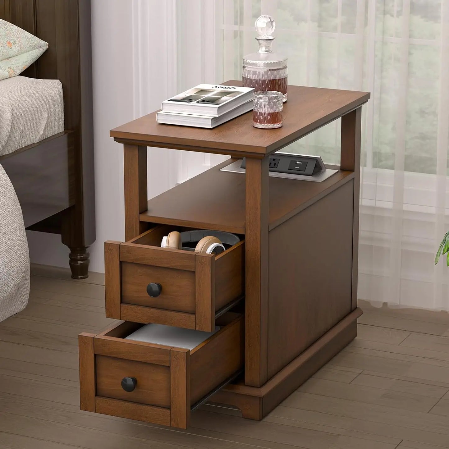 End Table with Flip Top Charging Station Set of 2, Narrow Side Table with 2 Drawers, Type-C & USB Port & Power, Customized